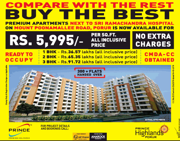 Offer Rs 5995 per sqft all inclusive prices at Prince Highlands Chennai